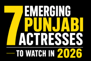 Text-only thumbnail on a black background featuring the headline "7 Emerging Punjabi Actresses to Watch in 2026" in bold white and yellow typography.
