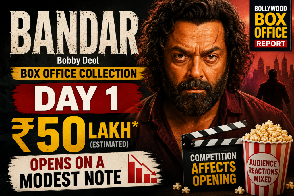 Bandar movie Day 1 box office report thumbnail featuring a dramatic cinematic design, bold typography, and a box office collection update highlighting Bobby Deol's latest film performance.