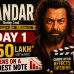 Bandar movie Day 1 box office report thumbnail featuring a dramatic cinematic design, bold typography, and a box office collection update highlighting Bobby Deol's latest film performance.
