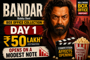 Bandar movie Day 1 box office report thumbnail featuring a dramatic cinematic design, bold typography, and a box office collection update highlighting Bobby Deol's latest film performance.