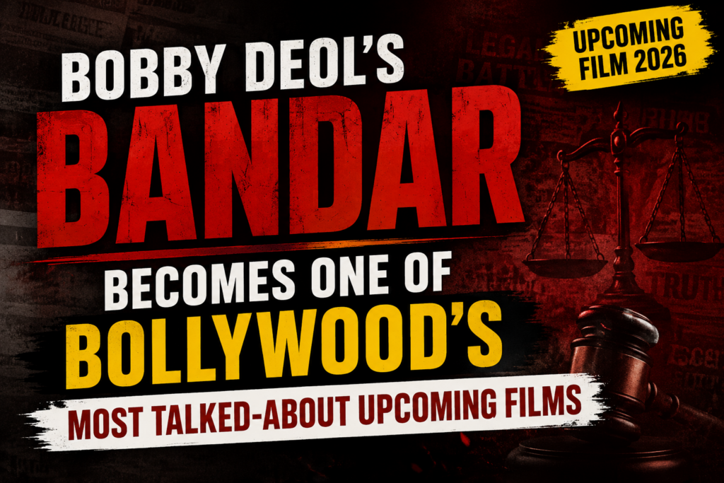 Alt Text: Cinematic thumbnail for Bobby Deol’s upcoming film Bandar featuring bold typography, a dark red-and-black background, and justice-themed graphics without any celebrity image.