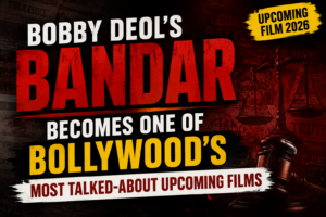 Alt Text: Cinematic thumbnail for Bobby Deol’s upcoming film Bandar featuring bold typography, a dark red-and-black background, and justice-themed graphics without any celebrity image.