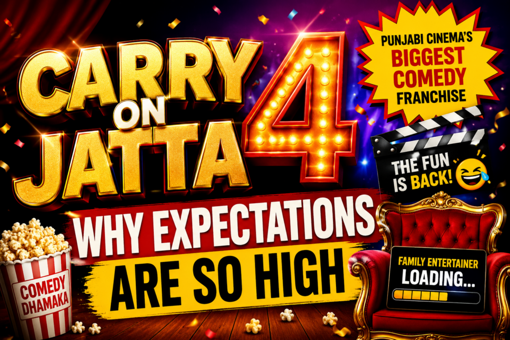 Carry On Jatta 4 promotional thumbnail featuring bold cinematic typography, comedy-themed elements, popcorn, theater visuals, and vibrant colors highlighting high audience expectations for the upcoming Punjabi comedy franchise film.