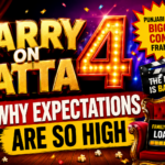 Carry On Jatta 4 promotional thumbnail featuring bold cinematic typography, comedy-themed elements, popcorn, theater visuals, and vibrant colors highlighting high audience expectations for the upcoming Punjabi comedy franchise film.