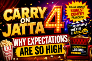 Carry On Jatta 4 promotional thumbnail featuring bold cinematic typography, comedy-themed elements, popcorn, theater visuals, and vibrant colors highlighting high audience expectations for the upcoming Punjabi comedy franchise film.