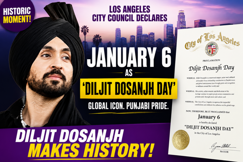 Diljit Dosanjh featured in a YouTube-style thumbnail celebrating the Los Angeles City Council declaring January 6 as "Diljit Dosanjh Day," with a city skyline and official proclamation document.