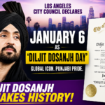 Diljit Dosanjh featured in a YouTube-style thumbnail celebrating the Los Angeles City Council declaring January 6 as "Diljit Dosanjh Day," with a city skyline and official proclamation document.