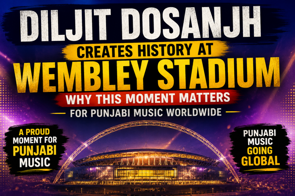 Diljit Dosanjh Wembley Stadium milestone thumbnail featuring a cinematic view of Wembley Stadium with bold typography highlighting a historic moment for Punjabi music worldwide.