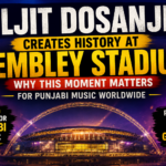 Diljit Dosanjh Wembley Stadium milestone thumbnail featuring a cinematic view of Wembley Stadium with bold typography highlighting a historic moment for Punjabi music worldwide.