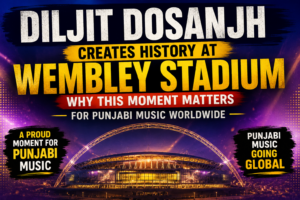 Diljit Dosanjh Wembley Stadium milestone thumbnail featuring a cinematic view of Wembley Stadium with bold typography highlighting a historic moment for Punjabi music worldwide.