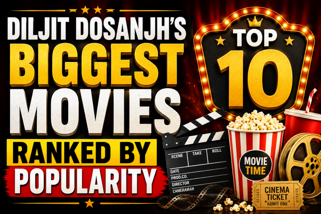 Diljit Dosanjh's biggest movies ranked by popularity featuring cinematic graphics and movie-themed design without celebrity images.