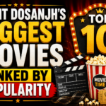 Diljit Dosanjh's biggest movies ranked by popularity featuring cinematic graphics and movie-themed design without celebrity images.