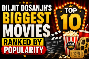 Diljit Dosanjh's biggest movies ranked by popularity featuring cinematic graphics and movie-themed design without celebrity images.