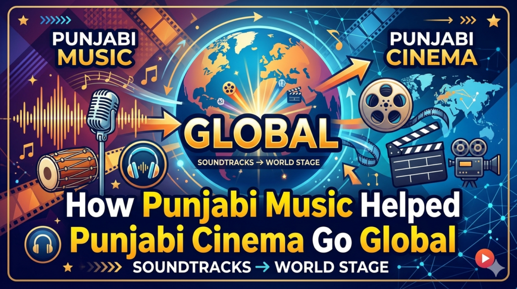 Music notes, film reels, global map, and cinema elements representing how Punjabi music contributed to the worldwide growth of Punjabi cinema.