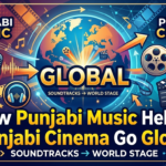 Music notes, film reels, global map, and cinema elements representing how Punjabi music contributed to the worldwide growth of Punjabi cinema.