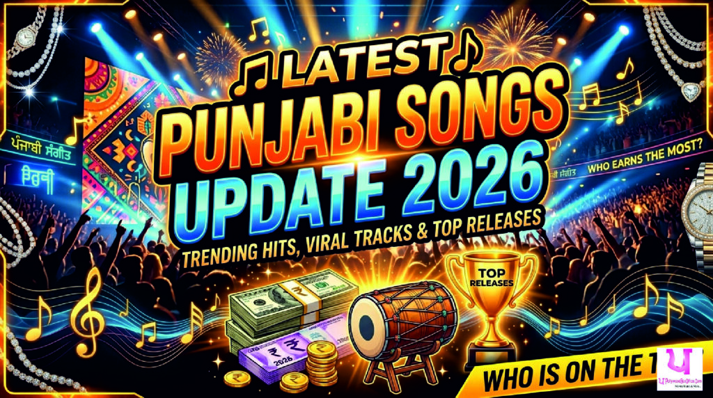 Latest Punjabi songs update 2026 featuring trending music wave, neon musical notes, headphones, and digital streaming charts showing viral Punjabi hits and new releases