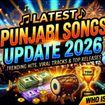 Latest Punjabi songs update 2026 featuring trending music wave, neon musical notes, headphones, and digital streaming charts showing viral Punjabi hits and new releases