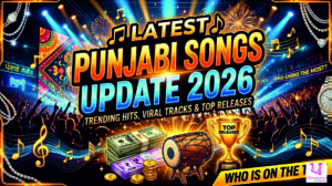 Latest Punjabi songs update 2026 featuring trending music wave, neon musical notes, headphones, and digital streaming charts showing viral Punjabi hits and new releases