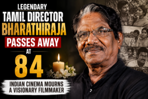 Tribute thumbnail featuring legendary Tamil filmmaker Bharathiraja with a memorial candle and text announcing his passing at the age of 84.