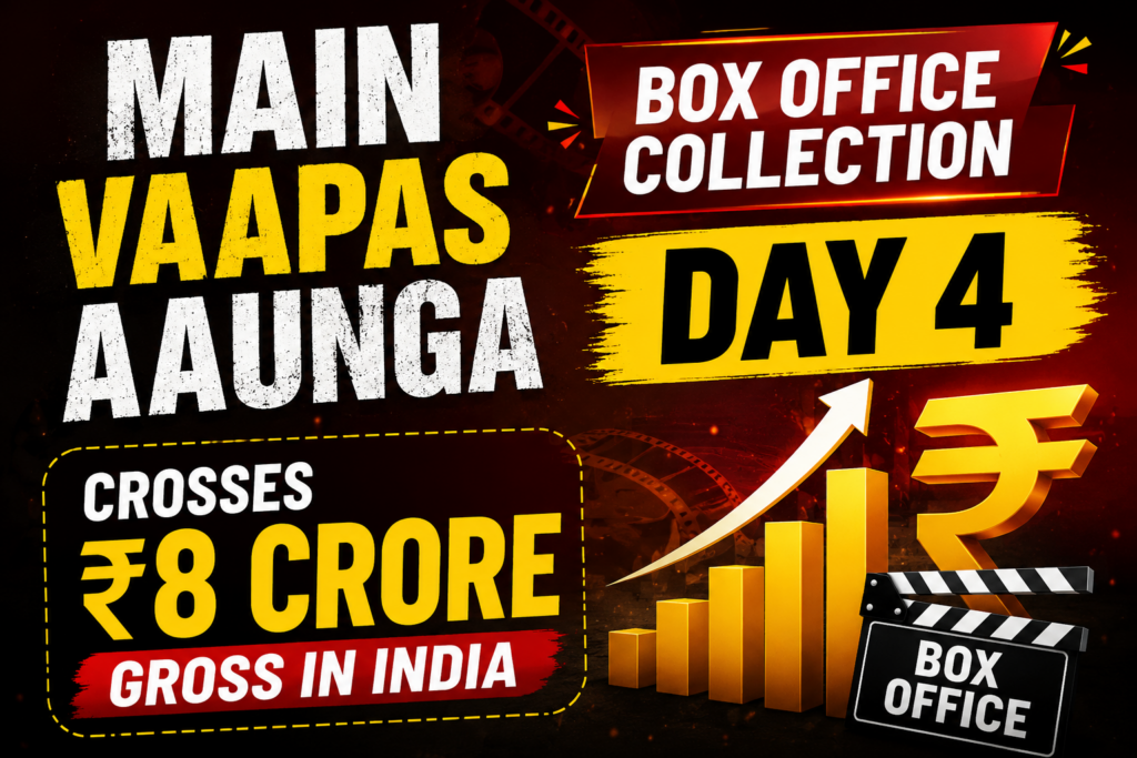 Main Vaapas Aaunga box office collection Day 4 thumbnail showing ₹8 crore gross in India with box office growth chart