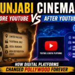 Split-screen illustration showing Punjabi cinema before and after YouTube, featuring traditional film reels on one side and digital streaming platforms with global audience reach on the other.