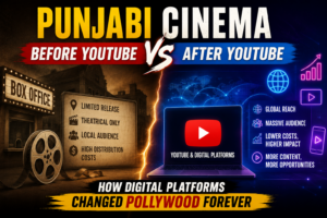 Split-screen illustration showing Punjabi cinema before and after YouTube, featuring traditional film reels on one side and digital streaming platforms with global audience reach on the other.