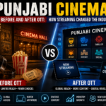 Split-screen comparison showing Punjabi cinema before OTT with traditional movie theatres and after OTT with streaming platforms, smart devices, and digital entertainment.