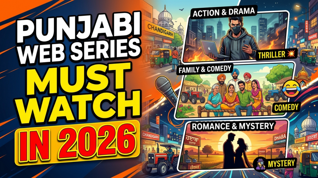 Thumbnail for Punjabi Web Series You Should Watch in 2026 featuring OTT streaming icons, film reels, a digital play button, cinematic lighting, and modern entertainment graphics without any celebrity images.