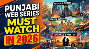 Thumbnail for Punjabi Web Series You Should Watch in 2026 featuring OTT streaming icons, film reels, a digital play button, cinematic lighting, and modern entertainment graphics without any celebrity images.