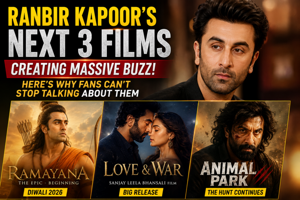 Ranbir Kapoor featured in a cinematic Bollywood-themed thumbnail highlighting his upcoming films Ramayana, Love & War, and Animal Park.