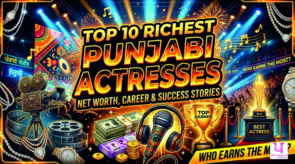 Top 10 richest Punjabi actresses in 2026 ranking list featuring glamour, film industry icons, and success-themed design representing wealth, fame, and Punjabi cinema industry growth