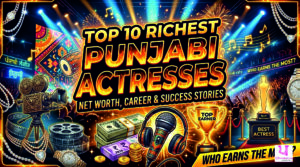 Top 10 richest Punjabi actresses in 2026 ranking list featuring glamour, film industry icons, and success-themed design representing wealth, fame, and Punjabi cinema industry growth