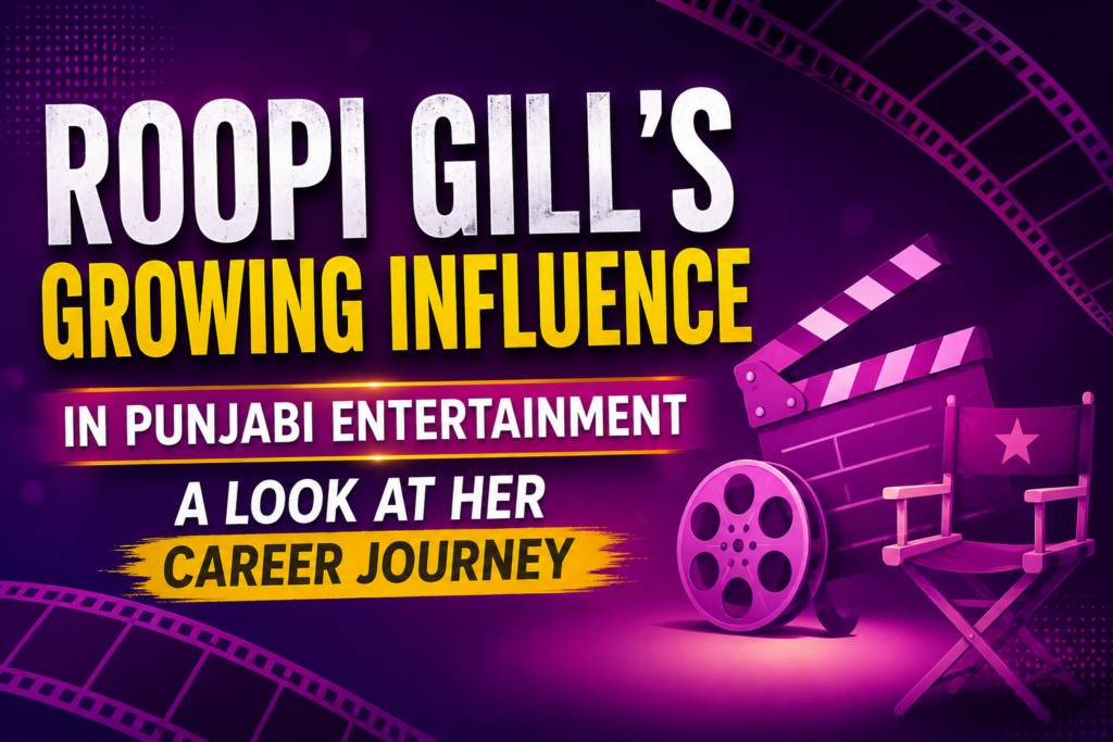 Punjabi entertainment-themed thumbnail featuring film reel, director chair, and cinema icons representing Roopi Gill's career journey without using any celebrity image.