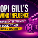 Punjabi entertainment-themed thumbnail featuring film reel, director chair, and cinema icons representing Roopi Gill's career journey without using any celebrity image.