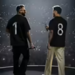 Cinematic entertainment thumbnail featuring cricket and Punjabi music crossover theme with stage lights, concert atmosphere, and bold typography representing the Virat Kohli and Karan Aujla collaboration event.