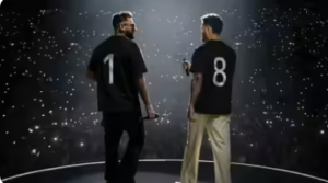 Cinematic entertainment thumbnail featuring cricket and Punjabi music crossover theme with stage lights, concert atmosphere, and bold typography representing the Virat Kohli and Karan Aujla collaboration event.