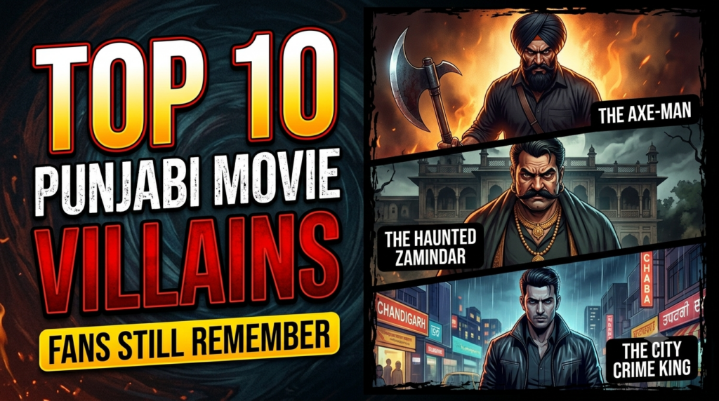 Cinematic thumbnail featuring a dark movie-themed background, dramatic shadows, a mysterious silhouette, film reel elements, and bold typography representing the most memorable villains in Punjabi cinema.