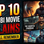Cinematic thumbnail featuring a dark movie-themed background, dramatic shadows, a mysterious silhouette, film reel elements, and bold typography representing the most memorable villains in Punjabi cinema.