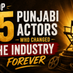 Cinematic thumbnail featuring a director’s chair, film reels, and bold typography highlighting the top 15 Punjabi actors who transformed the Punjabi film industry.
