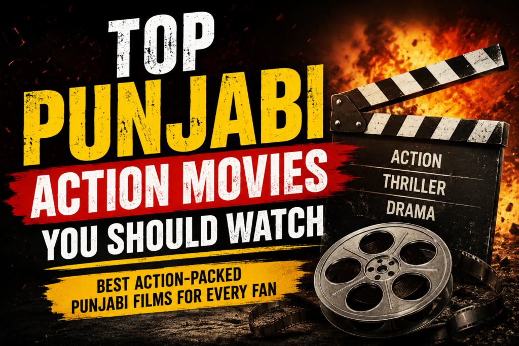 Thumbnail for Top Punjabi Action Movies You Should Watch featuring bold action-themed typography, fiery explosion background, movie clapperboard, and film reel, representing the best action-packed Punjabi films.
