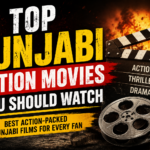Thumbnail for Top Punjabi Action Movies You Should Watch featuring bold action-themed typography, fiery explosion background, movie clapperboard, and film reel, representing the best action-packed Punjabi films.