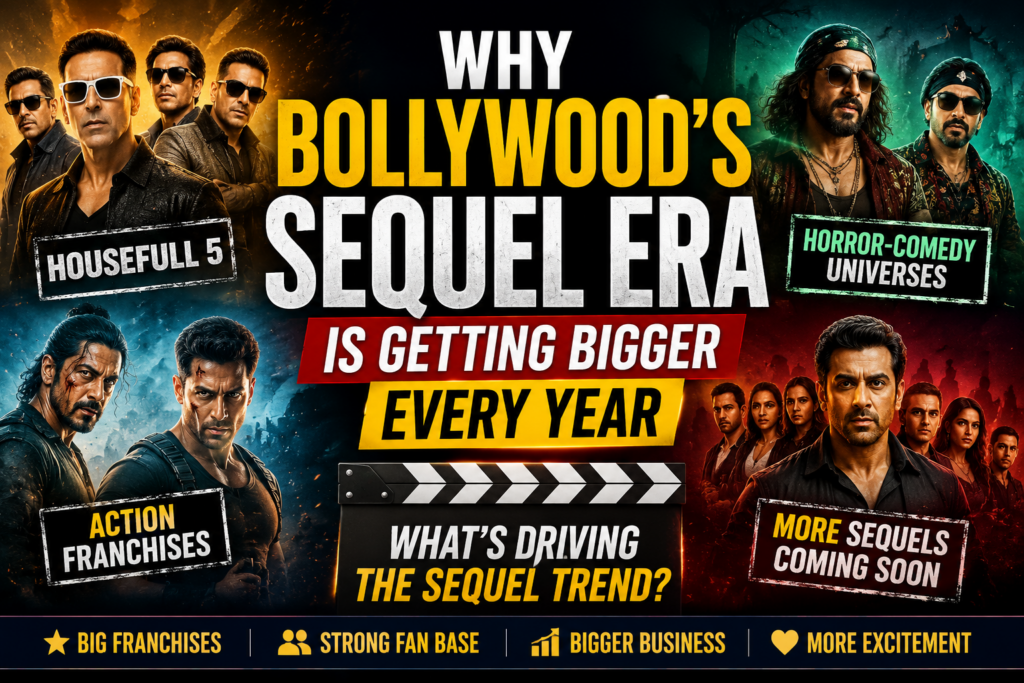 Bollywood sequel franchises highlighted in a cinematic thumbnail featuring action, comedy, and horror-comedy film themes, illustrating the growing popularity of sequel films in the Indian film industry.