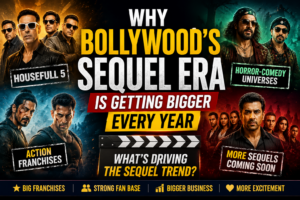 Bollywood sequel franchises highlighted in a cinematic thumbnail featuring action, comedy, and horror-comedy film themes, illustrating the growing popularity of sequel films in the Indian film industry.