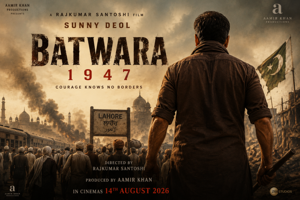 Official first poster of Batwara 1947 featuring Sunny Deol in a dramatic Partition-era setting with crowds, a Lahore railway station sign, and a war-torn backdrop.