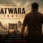 Official first poster of Batwara 1947 featuring Sunny Deol in a dramatic Partition-era setting with crowds, a Lahore railway station sign, and a war-torn backdrop.