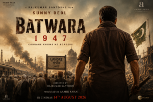 Official first poster of Batwara 1947 featuring Sunny Deol in a dramatic Partition-era setting with crowds, a Lahore railway station sign, and a war-torn backdrop.