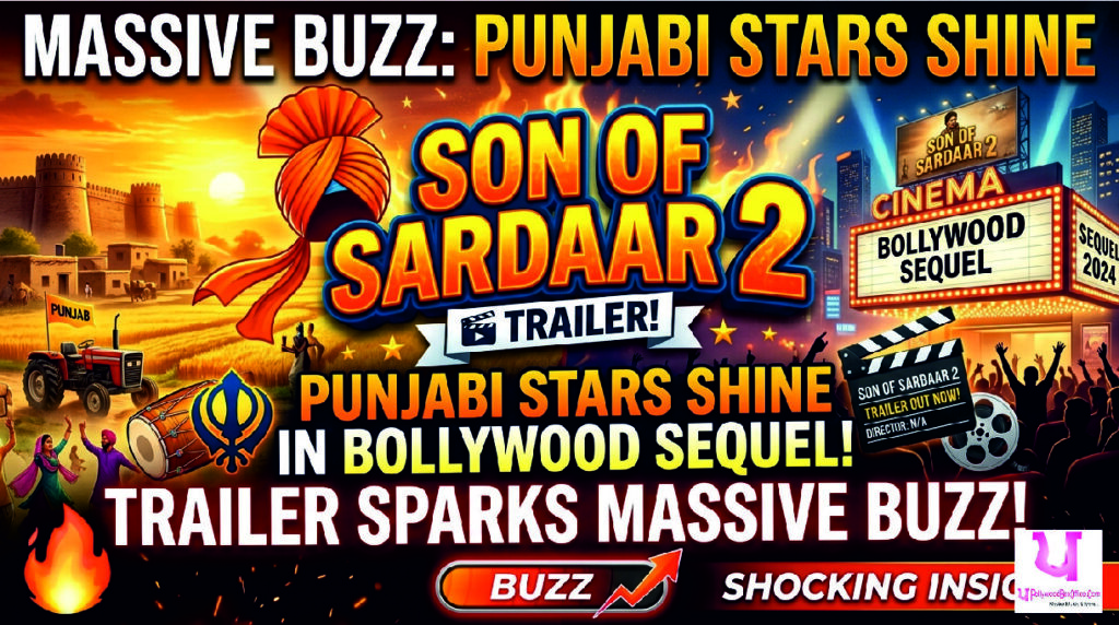 Cinematic movie-themed thumbnail representing Son of Sardaar 2 trailer buzz with Punjabi cultural elements, action, comedy, and entertainment atmosphere.