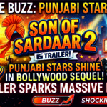 Cinematic movie-themed thumbnail representing Son of Sardaar 2 trailer buzz with Punjabi cultural elements, action, comedy, and entertainment atmosphere.