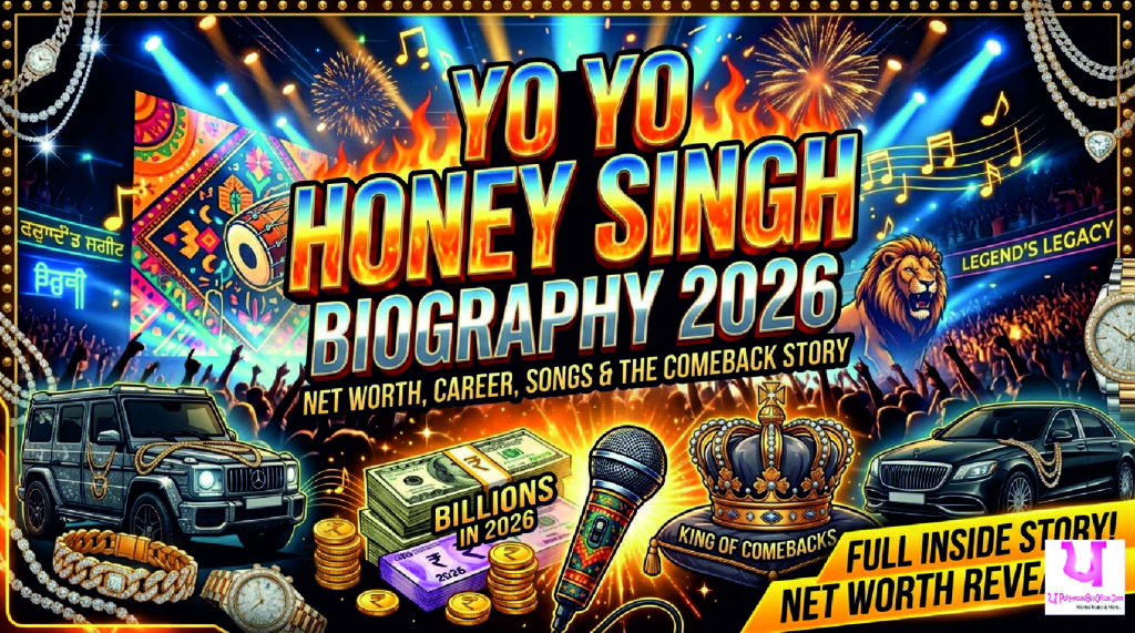Yo Yo Honey Singh biography 2026 showing music, microphone, stage lights, and rap hip-hop themed design representing his career, comeback, and success in Punjabi and Bollywood music industry