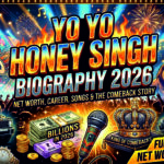 Yo Yo Honey Singh biography 2026 showing music, microphone, stage lights, and rap hip-hop themed design representing his career, comeback, and success in Punjabi and Bollywood music industry